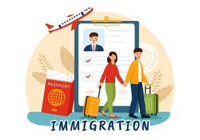 Immigration Illustration, Movement of People with Document Visa and Passport for Relocating to Another Country in a Flat Cartoon Background vector
