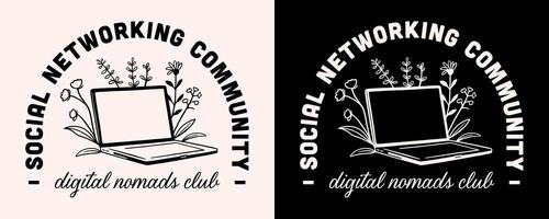 Digital nomads club social networking community group badge mental health support business owner entrepreneur employee working remotely laptop illustration vector