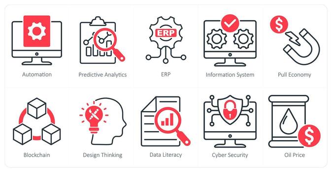 A Set of 10 Industrial icons as automation, predictive analytics, erp vector