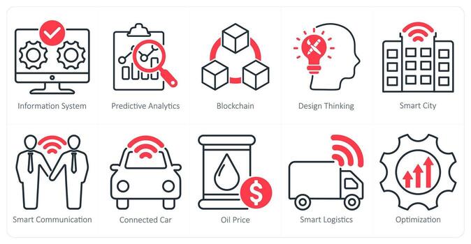 A Set of 10 Industrial icons as information system, predictive analytics, blockchain vector