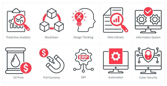A Set of 10 Industrial icons as predictive analytics, blockchain, design thinking vector