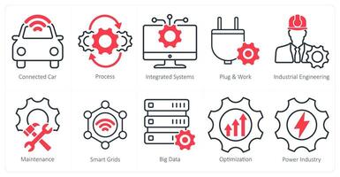 A Set of 10 Industrial icons as connected car, process, integrated systems vector