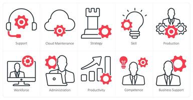 A set of 10 business and office icons as support, cloud maintenance, strategy vector