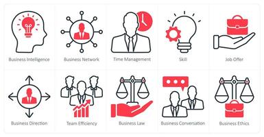 A set of 10 business and office icons as business intelligence, business network, time management vector