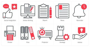 A set of 10 business and office icons as social integration, article wiritng, report vector