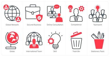 A set of 10 business and office icons as global network, secured business, online consultation vector