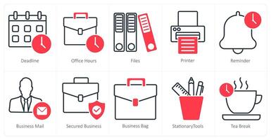 A set of 10 business and office icons as deadline, office hours, files vector