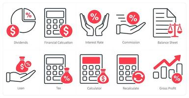 A set of 10 banking icons as dividends, financial calculation, interest rate vector