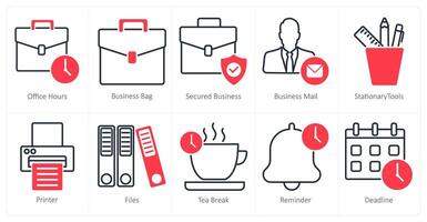A set of 10 business and office icons as office hours, business bag, secured business vector