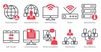 A set of 10 business and office icons as global network, international team, internet access vector