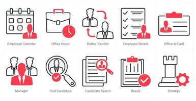 A set of 10 business and office icons as employee calendar, office hours, duties transfer vector