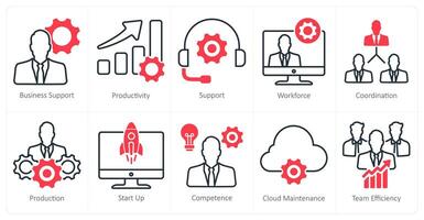A set of 10 business and office icons as business support, productivity, support vector