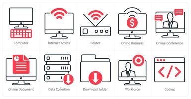 A set of 10 business and office icons as computer, internet access, router vector
