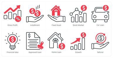 A set of 10 banking icons as gross profit, installment, fixed asset vector