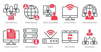 A set of 10 business and office icons as team efficiency, global network, online consultation vector