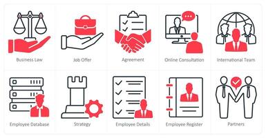 A set of 10 business and office icons as business law, job offer vector