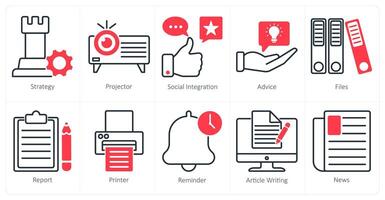 A set of 10 business and office icons as strategy, projector, social integration vector
