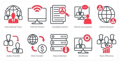 A set of 10 business and office icons as international team, internet access, candidate search vector