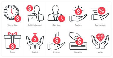 A set of 10 banking icons as hourly rate, self employment, overtime vector