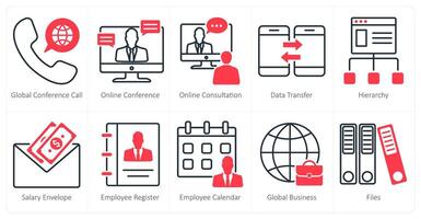 A set of 10 business and office icons as global conference call, online conference, online consultation vector