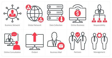 A set of 10 business and office icons as business network, global network, data collection vector