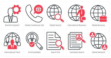 A set of 10 business and office icons as business support, global conference call, global search vector