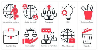 A set of 10 business and office icons as international business, global network, teamwork vector