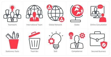 A set of 10 business and office icons as teamwork, international team, global network vector