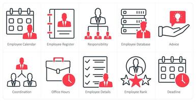 A set of 10 business and office icons as employee calendar, employee register, responsibility vector