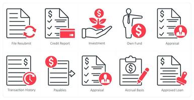 A set of 10 banking icons as file resubmit, credit report, investment vector