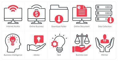 A set of 10 business and office icons as internet access, online business, download folder vector