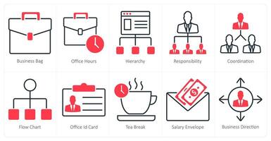A set of 10 business and office icons as business bag, office hours, hierarchy vector