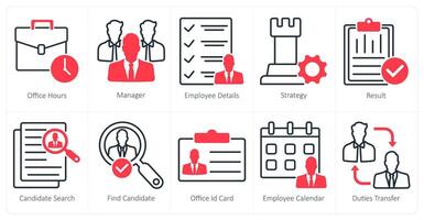 A set of 10 business and office icons as office hours, manager, employee details vector