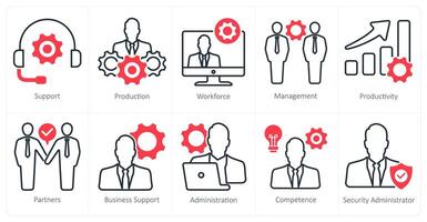 A set of 10 business and office icons as support, production, workforce vector