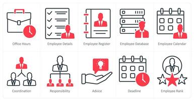 A set of 10 business and office icons as office hours, employee details, employee register vector