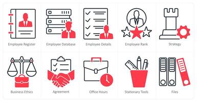 A set of 10 business and office icons as employee register, employee database, employee details vector