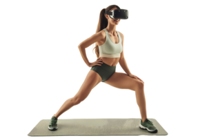 young woman with virtual reality glasses is performing dynamic warm-up exercises, side lunges on a mat isolated on transparent background png