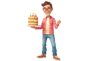 cartoon character of a man with glasses standing holding a birthday cake on a transparent background png