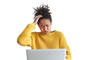 young woman sits in front of a laptop with her hand on her head in a gesture of frustration isolated on a transparent background png