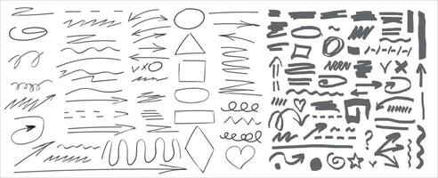 Hand drawn sketch black marker, brushed signs, arrows, lines, shapes, handwritten, design elements set isolated on white background. illustration vector