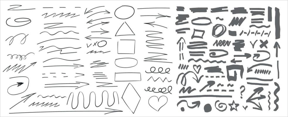 Hand drawn sketch black marker, brushed signs, arrows, lines, shapes, handwritten, design elements set isolated on white background. illustration