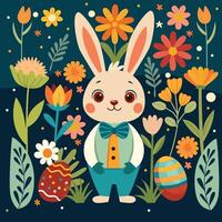 Easter bunny with flowers and eggs. Rabbit with folk flower elements vector