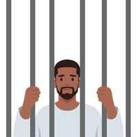 Bearded prisoner in orange suit behind bars of a prison cell. vector