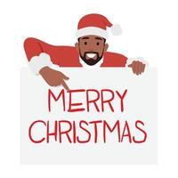 Bearded man dressed as Santa Claus holding a sign that reads Merry Christmas. vector