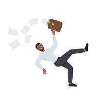 Falling man office employee slipped on banana peel and scattered documents. vector