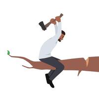 Young bearded businessman cutting the branch on which he sits using axe. vector