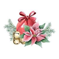Christmas ball ornament with red ribbon bow, gold jingle bells and poinsettia flower watercolor illustration vector