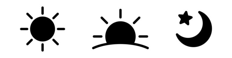Time of the day signs. Rising and setting sun icon, crescent moon and stars, day and night time symbols. vector