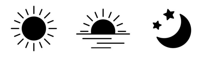 Time of the day signs. Rising and setting sun icon, crescent moon and stars, day and night time symbols. vector