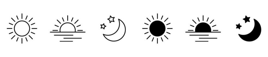 Time of the day signs. Rising and setting sun icon, crescent moon and stars, day and night time symbols. vector